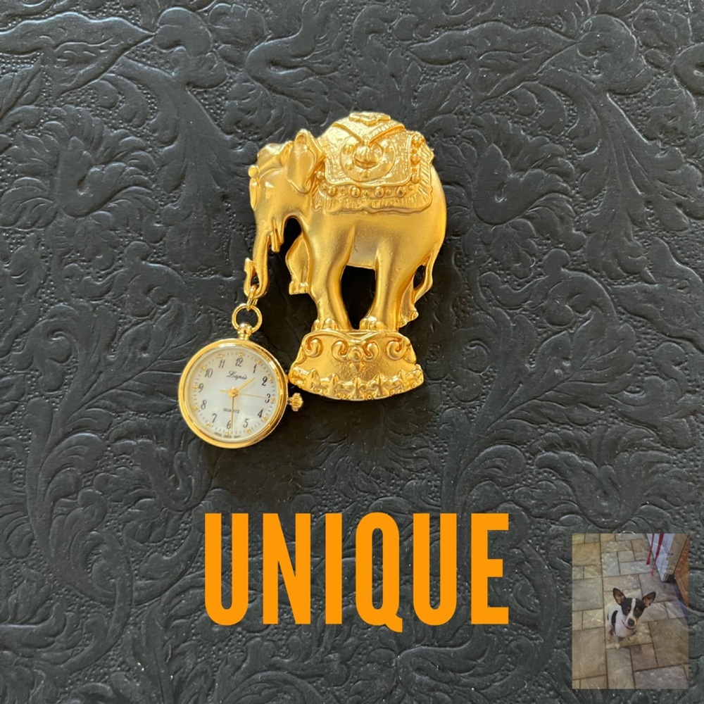 Lapis Gold Tone Elephant Brooch Watch